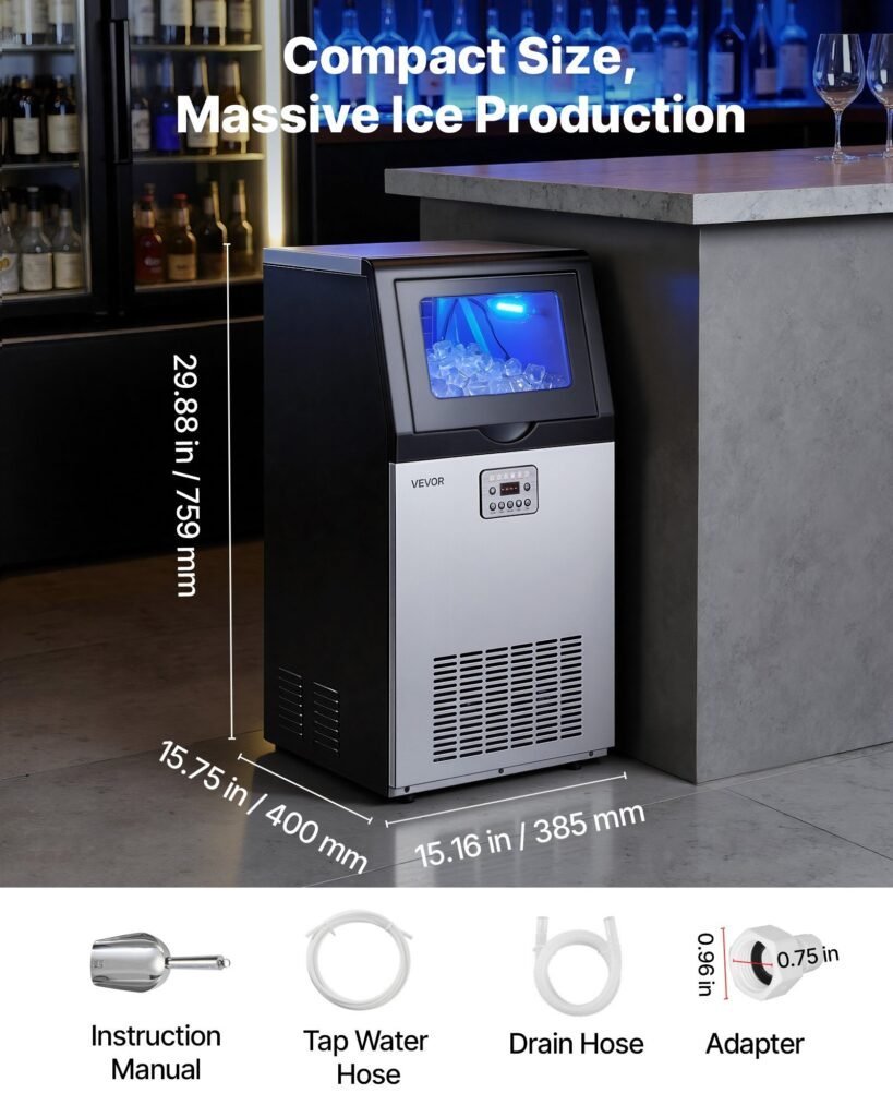 Commercial Ice Maker Machine, 100 Lbs/24h With 30 Lbs Storage Capacity, Built-in/Freestanding/Under Counter, Stainless Steel Ice Maker With LED Display & Self-Cleaning, For Home Bar Restaurant