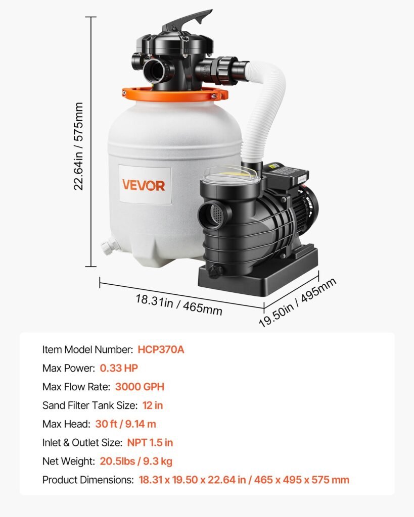 12 In Sand Filter Pump For Above Ground Pool, 0.33 HP 3000 GPH, Swimming Pool Sand Filter Pump With Pre-Assembled Core & Leak-Resistant Design, 6-Way Valve, High-Efficiency Filtration For Pools