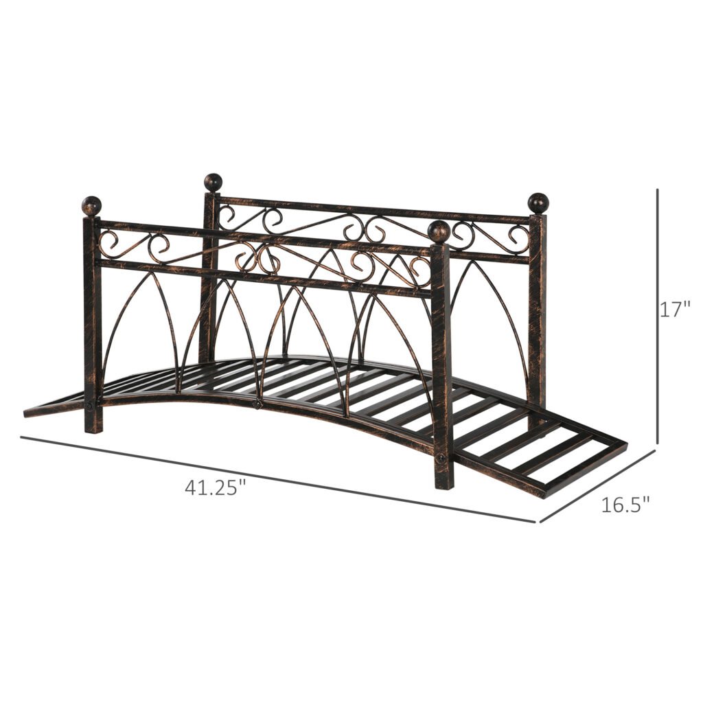 3.3 Metal Arch Zen Garden Bridge with Safety Siderails, Decorative Footbridge, Delicate Scrollwork & Corner Spheres for Stream, Fish Pond, Bronze