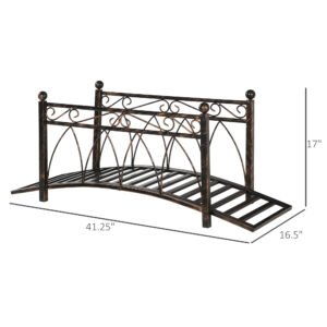 3.3 Metal Arch Zen Garden Bridge with Safety Siderails, Decorative Footbridge, Delicate Scrollwork & Corner Spheres for Stream, Fish Pond, Bronze - Image 2