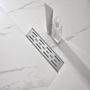 12 Inch Linear Shower Drain With Removable Brick Patterned Grate Cover, 304 Stainless Steel Shower Floor Drain With Hair Strainer And Leveling Feet - Image 4