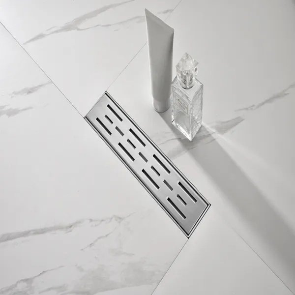 12 Inch Linear Shower Drain With Removable Brick Patterned Grate Cover, 304 Stainless Steel Shower Floor Drain With Hair Strainer And Leveling Feet