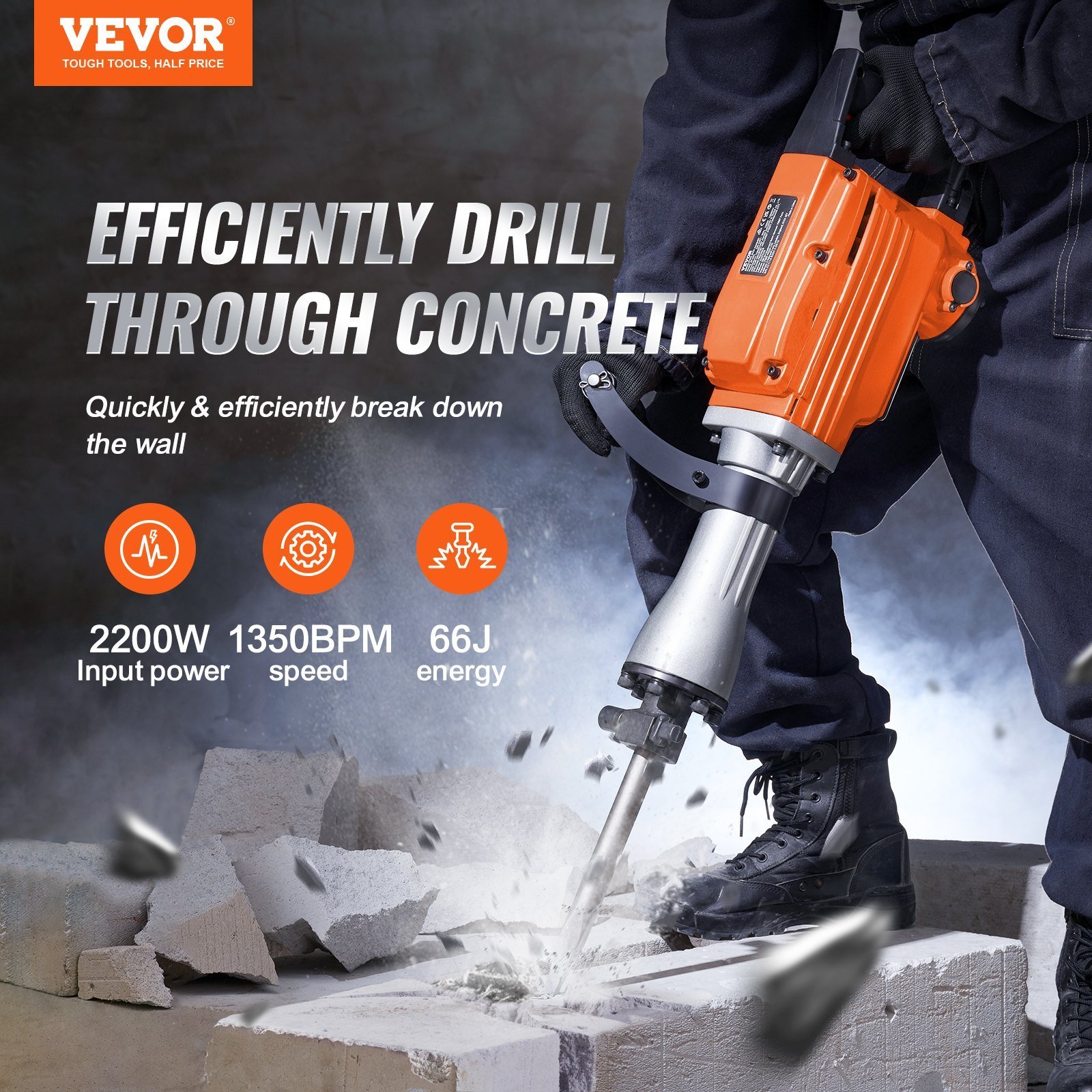 Demolition Jack Hammer Concrete Breaker 2200W Electric Hammer 2 Chisel Bits - Image 5