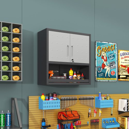 Metal Wall-Mounted Tool Storage Cabinet With Locking Door And 1 Shelf 1 Opened Drawer For Garage Warehouse,Office,Assembly Required