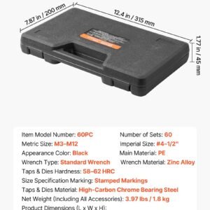 Tap And Die Set, 60-Piece Metric And SAE Sizes M3 To M12, #4 To 1/2", With Coarse And Fine Thread Taps And Dies, Wrench, Carrying Case And Complete Accessories, For Threading And Rethreading - Image 1
