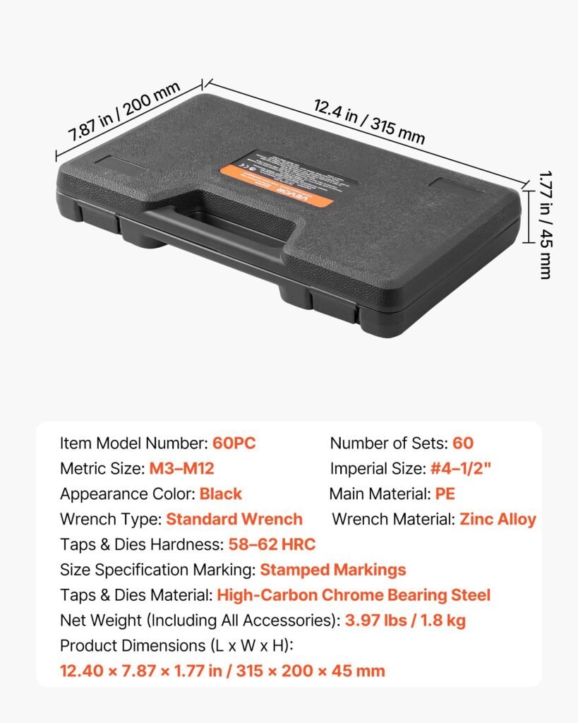 Tap And Die Set, 60-Piece Metric And SAE Sizes M3 To M12, #4 To 1/2", With Coarse And Fine Thread Taps And Dies, Wrench, Carrying Case And Complete Accessories, For Threading And Rethreading