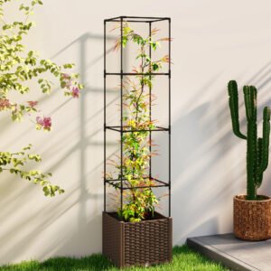 Raised Garden Bed with Trellis, Tomato Cage with Lockable Wheels, Self Watering Planter Box with Drainage Holes, Brown - Image 1