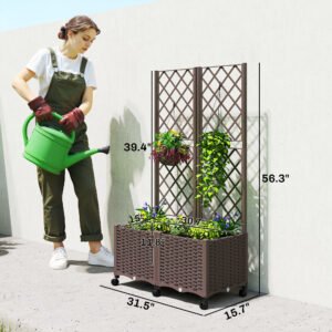Planter Box with Trellis, Self Watering Raised Garden Bed with Lockable Wheels and Drainage Holes, Brown - Image 6