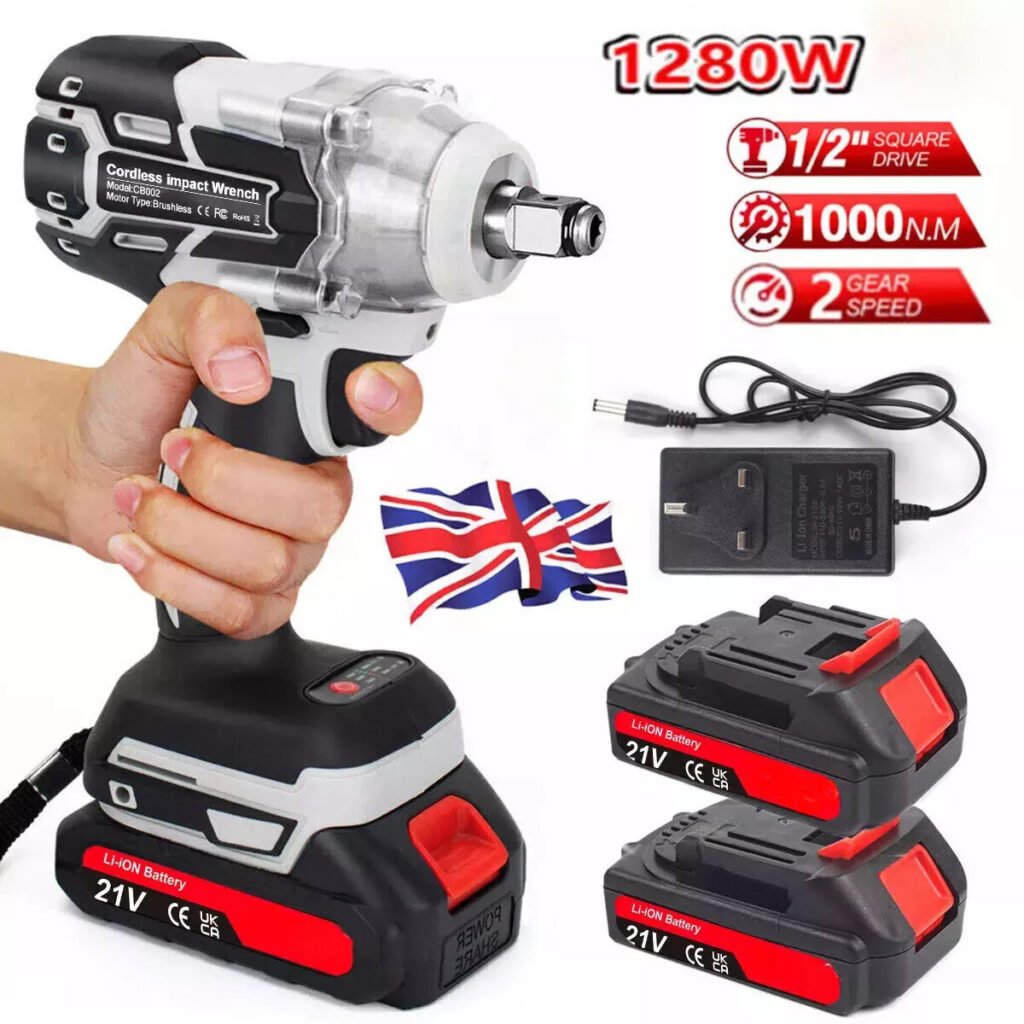1000Nm 1-2in  Electric Cordless Impact Wrench Drill Gun - 2 Battery Ratchet Driver