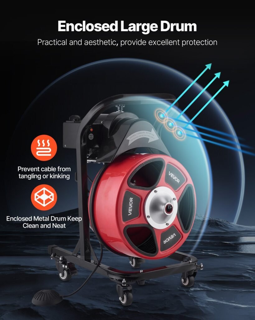 Drain Cleaner Machine 50 FT X 1/2 Inch, Manual Feed Sewer Snake Auger On Wheels - With 4 Cutters & Air-activated Foot Switch For 2" To 6" Pipes