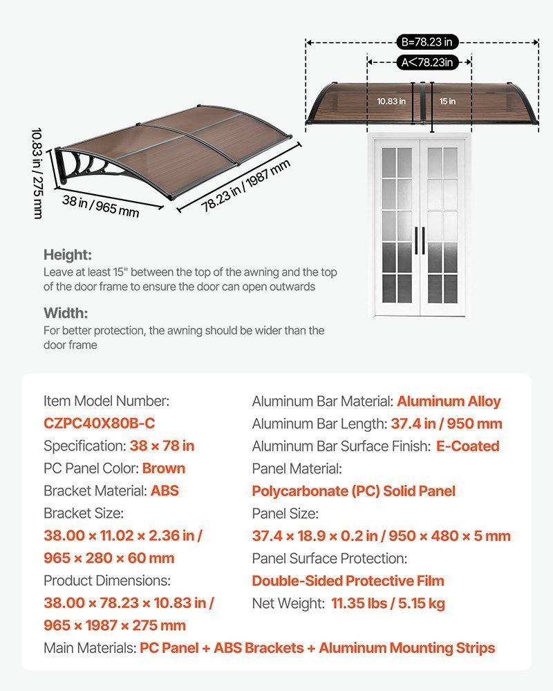Awnings For Door Entrance, 38 X 78 In, Exterior Front Door Window Awnings With Drainage & Metal Bracket, Rain Snow Sun Protection, Overhang Polycarbonate Door Canopy For Porch Patio, Brown