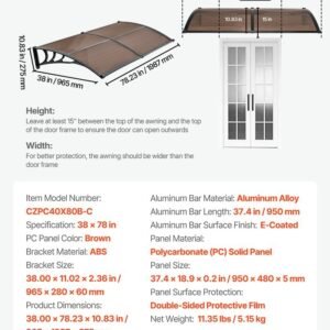 Awnings For Door Entrance, 38 X 78 In, Exterior Front Door Window Awnings With Drainage & Metal Bracket, Rain Snow Sun Protection, Overhang Polycarbonate Door Canopy For Porch Patio, Brown - Image 1