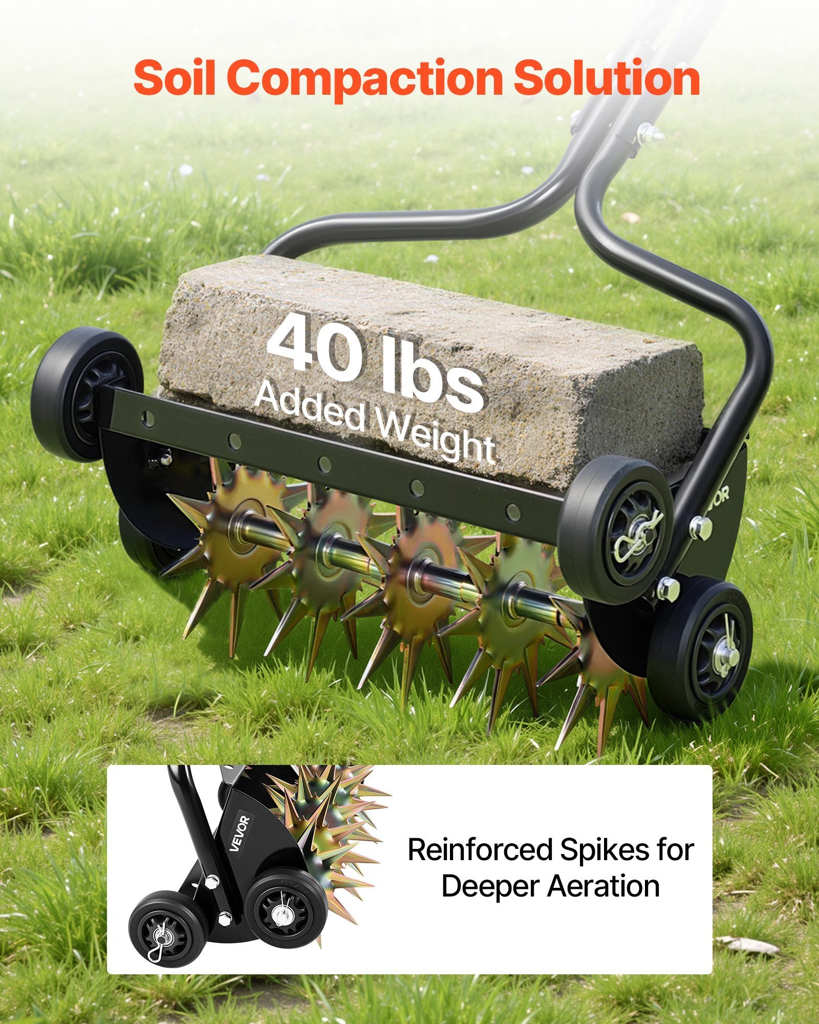 Lawn Aerator, 18 In Manual Push Spike Aerator With 4 Wheels & Handle, Heavy Duty Grass Aerators, Supports 40 Lbs Added Weight, Rolling Lawn Aeration Tool For Garden Yard Aeration Soil Health - Image 3