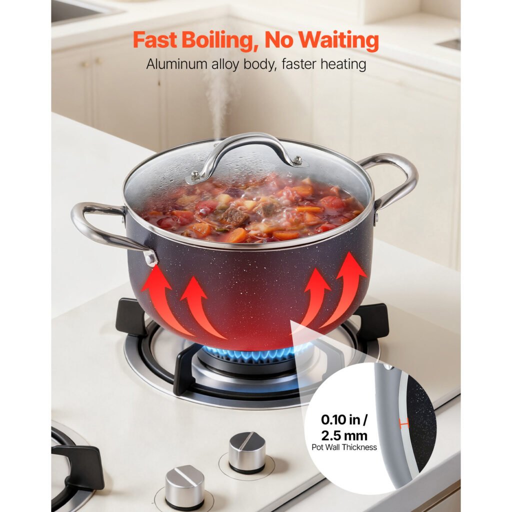 Aluminum Stock Pot, 6-Quart Nonstick Ceramic Coated Pot With Glass Lid, PFOA-Free, PFAS-Free, Compatible With Gas Stoves, Induction Cooktops, Electric Stoves, For Soups, Stews, And Pasta