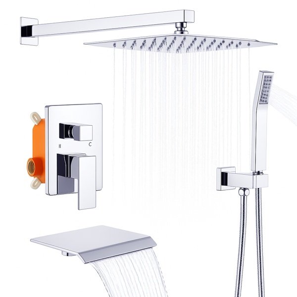 Rain Shower System Chrome Tub Shower Faucet Set 10 Inch Square Rainfall Shower Head With Handheld Sprayer And Waterfall Tub Spout[Unable Ship Weekends, TK/TEMU Only For Pickup]