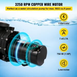 Swimming Pool Pump 1HP, Dual Voltage 110V 220V, 5544GPH, Powerful Pump For Above Ground Pool Water Circulation, With Strainer Basket, 2pcs 1-1/2'' NPT Connectors Tested To UL Standards - Image 2