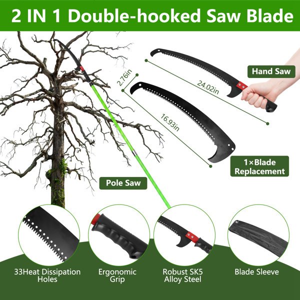 2-in-1 Manual Pole Saw 8.23-15.12FT Extendable Tree Pruner - SK5 Steel Pruner, Double-Hooked Saw Blade, Oxford Storage Bag , Goggles,Gloves For Tree Trimming