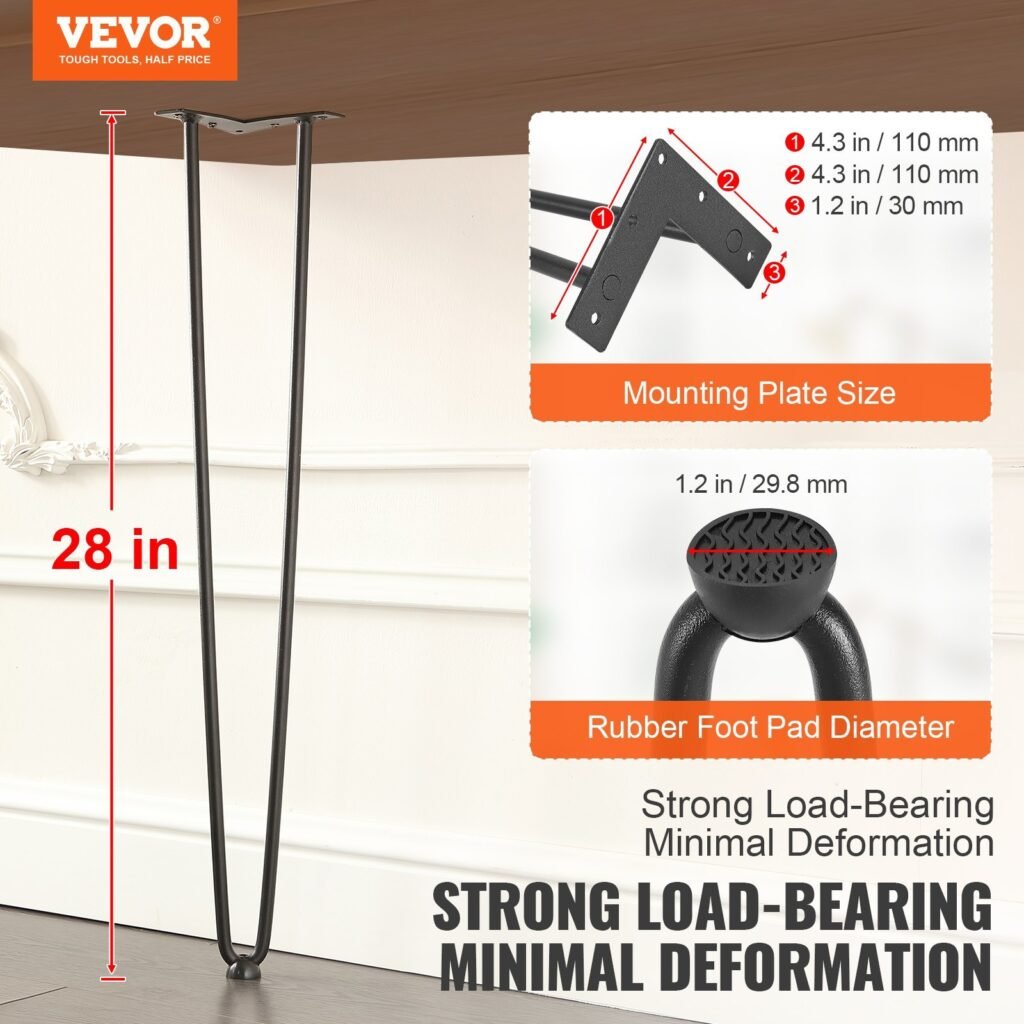 28' Hairpin Furniture Legs, Metal Home DIY Projects For Nightstand, Coffee Table, Desk, 500lbs Load Capacity With Rubber Floor Protectors, Metal Heavy Duty Sturdy Modern Table Legs, 4PCS Black