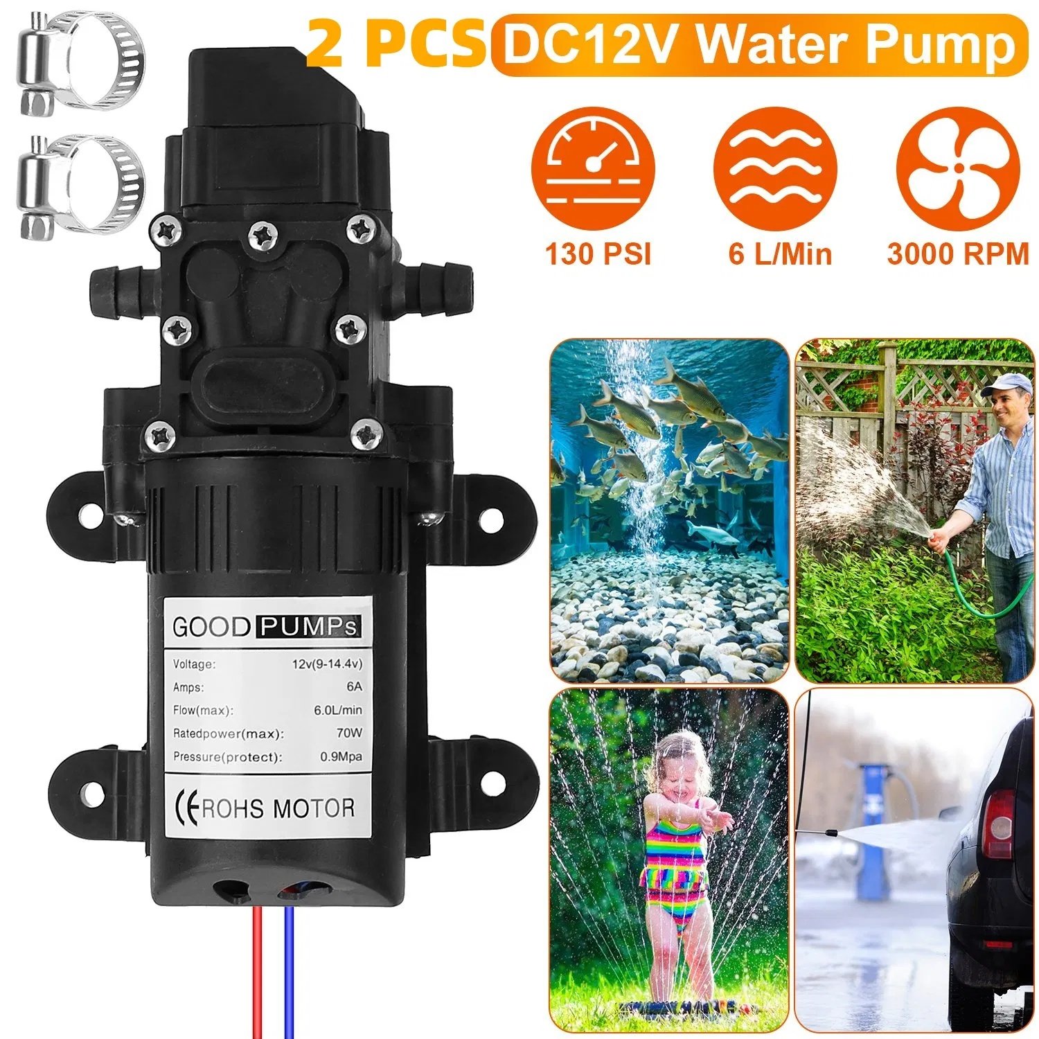 12V Water With 2 Hose Clamps 130PSI Self Priming Sprayer 70W Electric Diaphragm Water 6L Min For RV Camper Marine Boat - Image 2