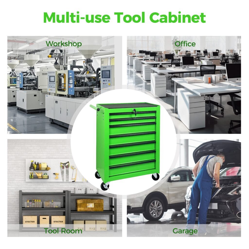 7-Drawer Rolling Tool Storage Cabinet With Detachable Top Tool Box, Universal Lockable Wheels, Adjustable Shelf, Locking Mechanism, Metal Tool Cart For Garage Workshop,Leaf Bright Green