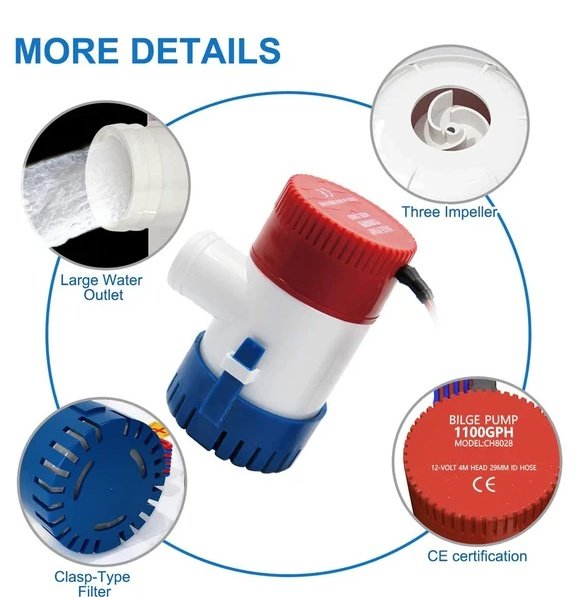 1100GPH 12V Electric Marine Submersible Bilge Sump Water For Boat 3 4Hose