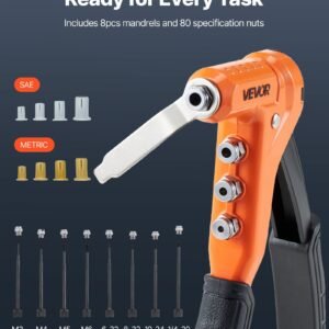 Rivet Nut Tool Kit, 9-Inch One-Handed Rivnut Tool Kit, With 8 Mandrels, A Step Drill Bit And 80 Nuts, Metric And SAE Size M3, M4, M5, M6, 6-32, 8-32, 10-24, 1/4-20 UNC, With A Carrying Case - Image 2