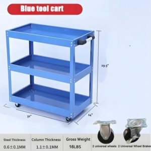 Upgrade 3-Tier Rolling Tool Cart With Lockable Wheels, Heavy Duty Steel Utility Cart, Kitchen Cart Organizer, Workshop Rolling Serving Cart For Garage, Warehouse, Blue - Image 6