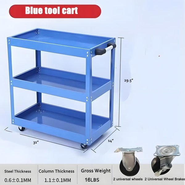 Upgrade 3-Tier Rolling Tool Cart With Lockable Wheels, Heavy Duty Steel Utility Cart, Kitchen Cart Organizer, Workshop Rolling Serving Cart For Garage, Warehouse, Blue