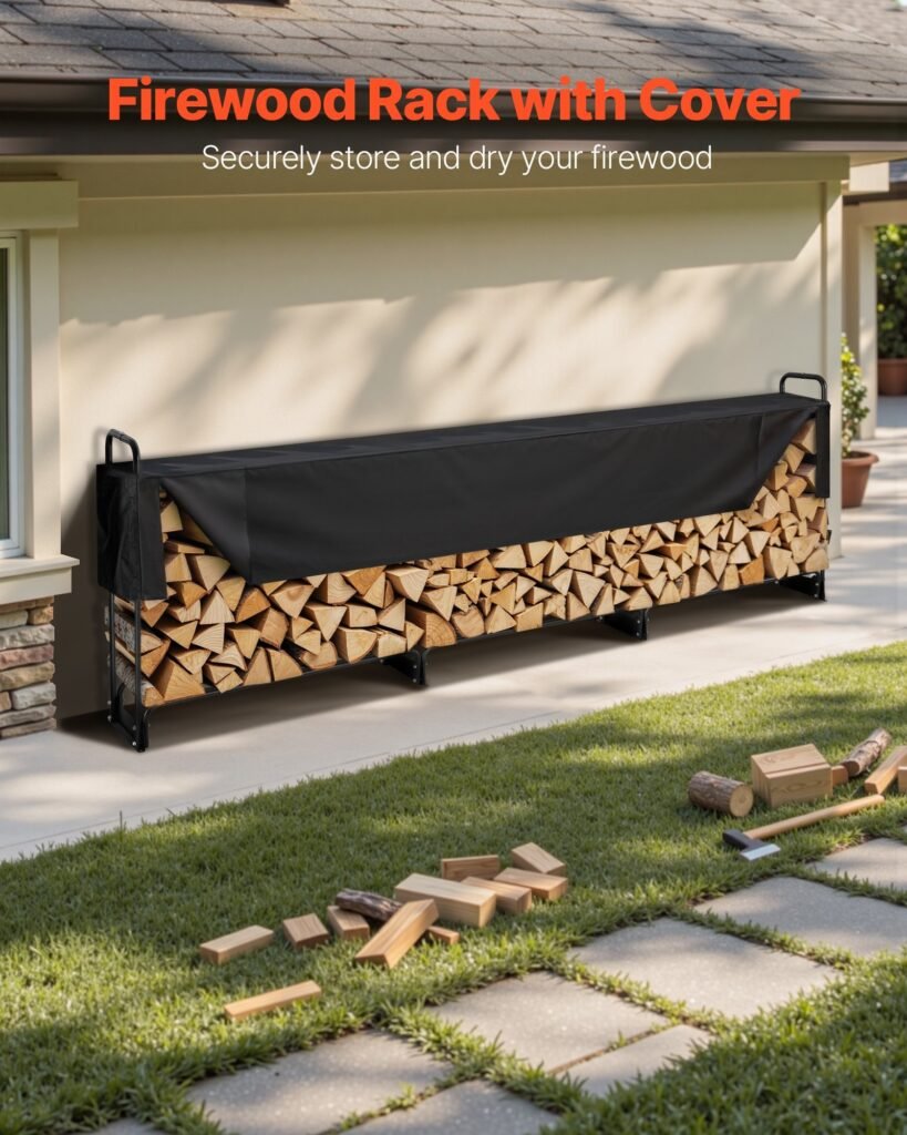 12.7FT Outdoor Firewood Rack With Cover, 152x14.2x46.1in,Heavy Duty Firewood Holder & 600D Oxford Waterproof Cover For Fireplace, Patio, Indoor/Outdoor Log Storage Rack For 3/4 Cord Of Firewood
