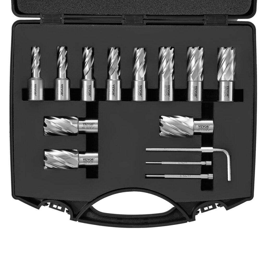 Annular Cutter Set, 13 Pcs Weldon Shank Mag Drill Bits, 7/16' To 1-1/16' Cutting Diameter, 1' Cutting Depth, M2AL HSS, 2 Pilot Pins, Hex Wrench And Portable Case, For Using With Magnetic Drills