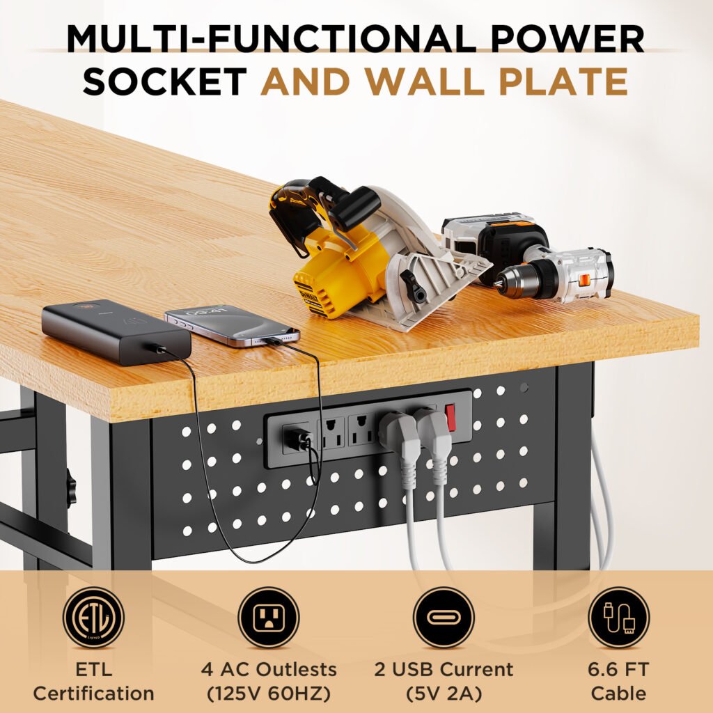 96in Adjustable Workbench With Side Pegboard, Solid Wood Top, 2000 Lbs Capacity, Adjustable Height Garage Work Table With Power Outlet, Storage Box, Wheels Or Leveling Feet