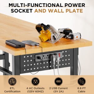 96in Adjustable Workbench With Side Pegboard, Solid Wood Top, 2000 Lbs Capacity, Adjustable Height Garage Work Table With Power Outlet, Storage Box, Wheels Or Leveling Feet - Image 3