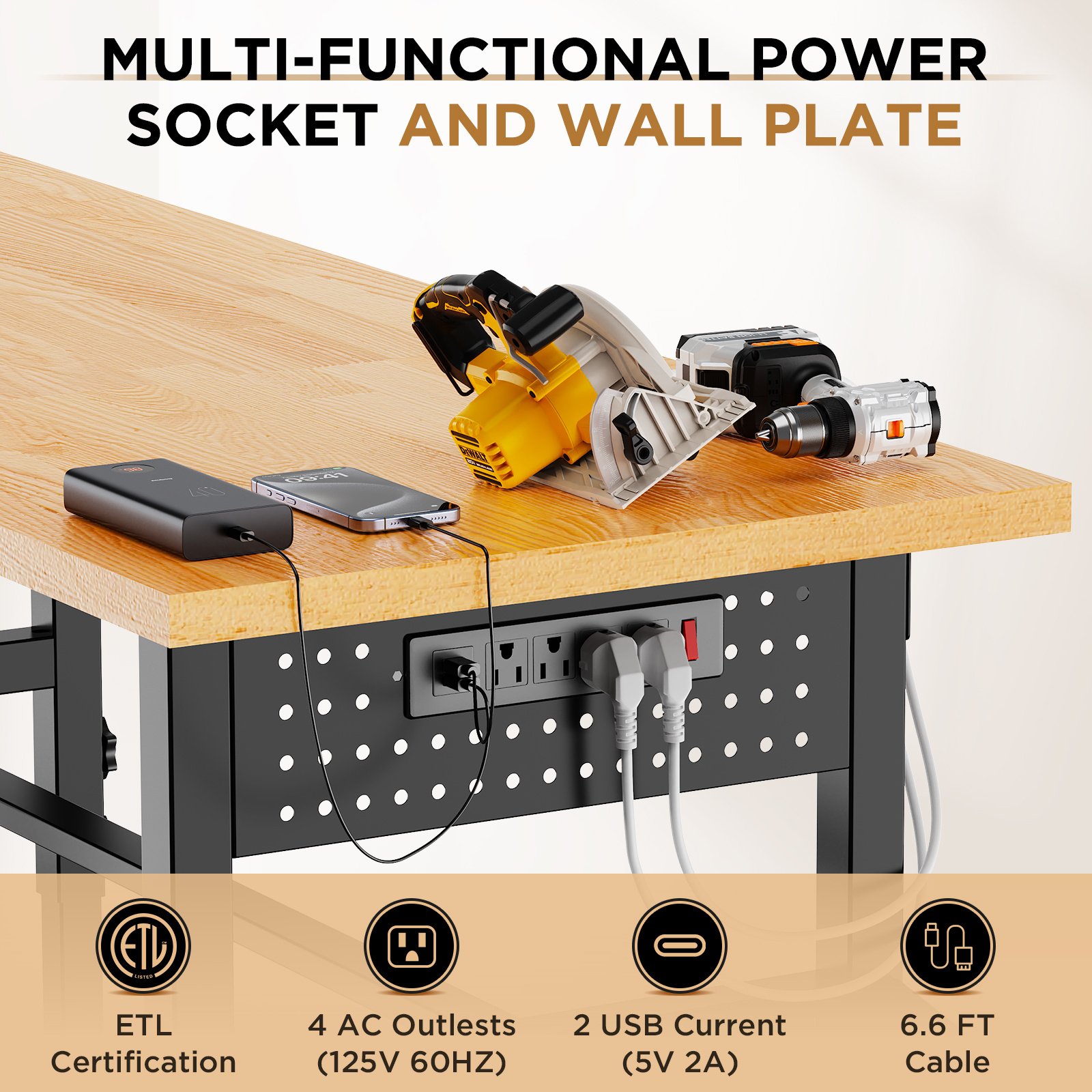 96in Adjustable Workbench With Side Pegboard, Solid Wood Top, 2000 Lbs Capacity, Adjustable Height Garage Work Table With Power Outlet, Storage Box, Wheels Or Leveling Feet - Image 3