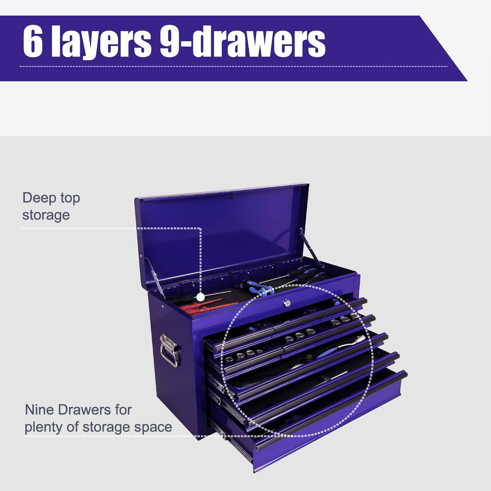 Heavy Duty Metal Tool Box, 24-inch, Portable Metal Tool Box with 9 Drawers, Small Tool Chest with EVA Liners, Ball Bearing Slide Drawers Locking & Powder Coated Finish, Multi-Function Tool Organizer - Image 8