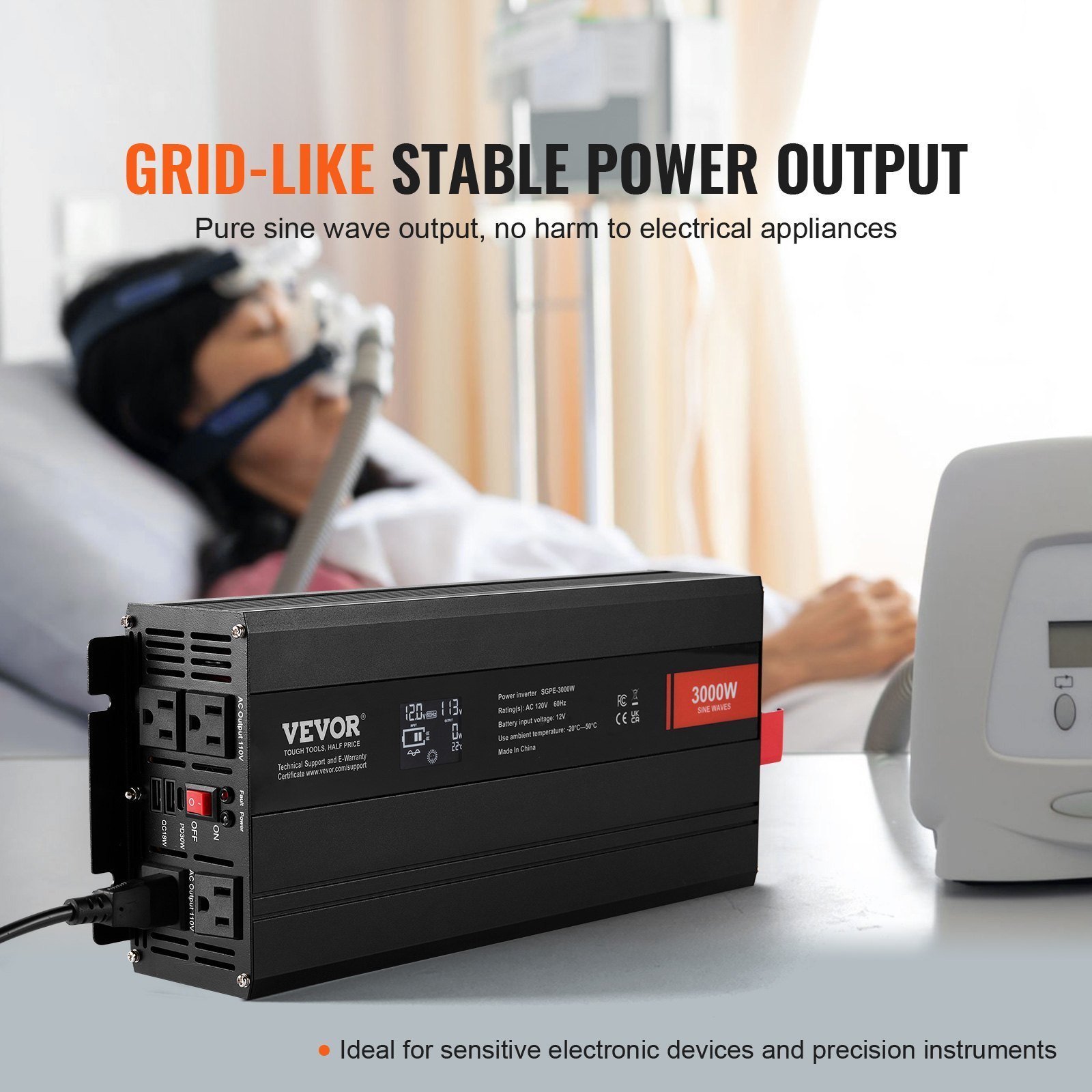 Pure Sine Wave Inverter, 3000 Watt, DC 12V To AC 120V Power Inverter With 2 AC Outlets 2 USB Port 1 Type-C Port, LCD Display And Remote Controller For Large Home Appliances, CE FCC Certified - Image 5