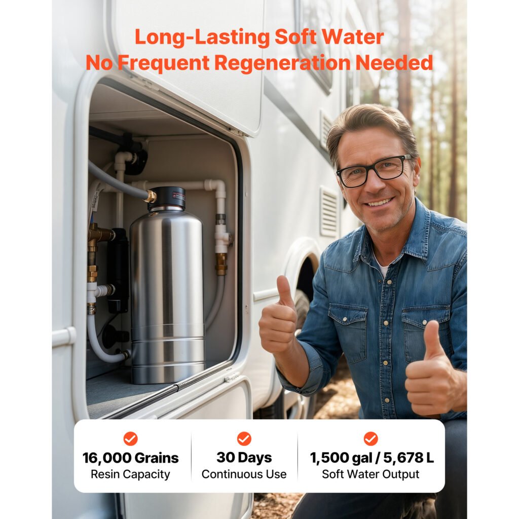 RV Water Softener, 16,000 Grain, Portable Water Softener With NPT 3 4 Fittings, Food-Grade Resin, Stainless Steel, Quick Connect, For RVs, Trailers, Boats, Mobile Car Washing, Pressure Washing