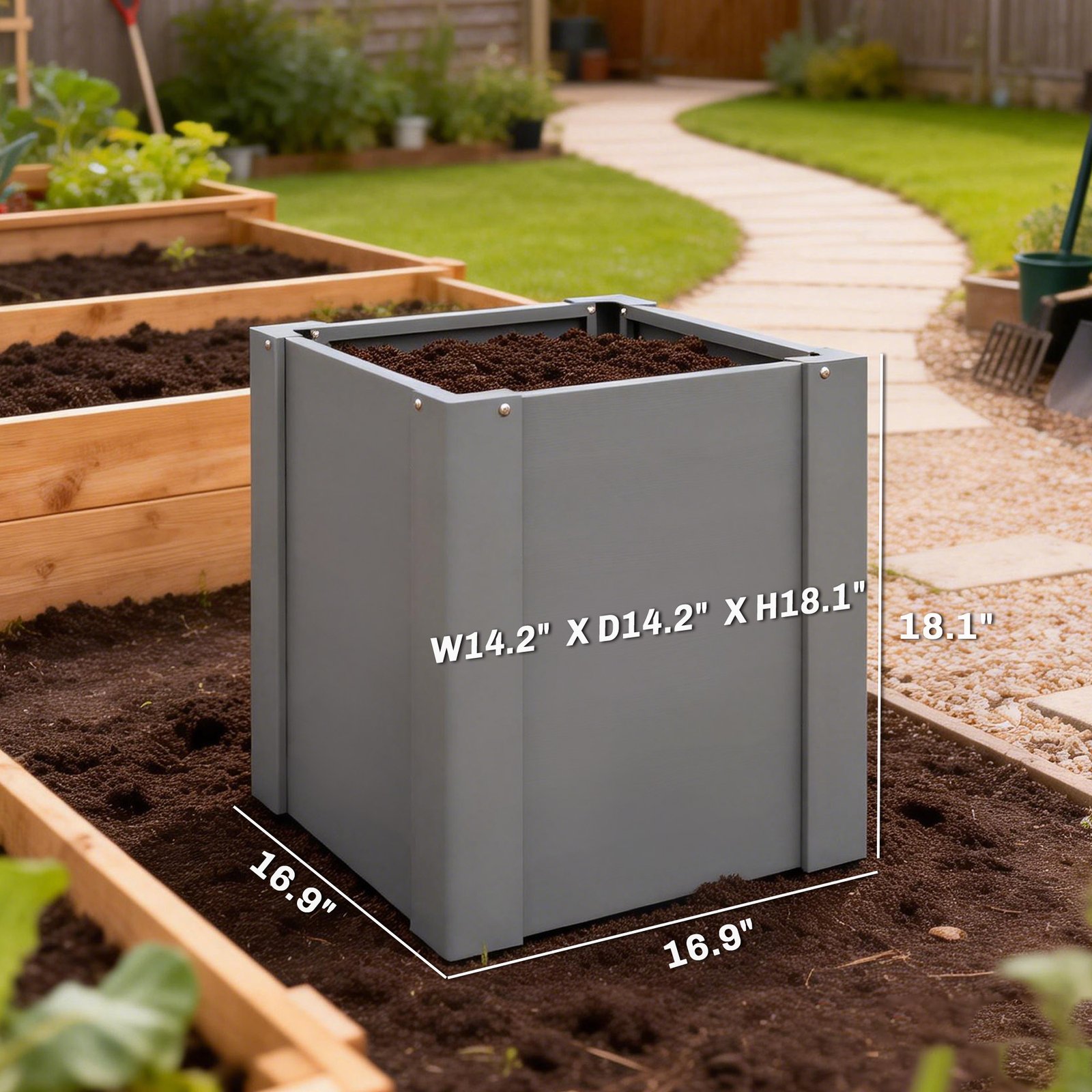 Raised Garden Bed Galvanized Planter Box Outdoor with Gloves for Gardening Vegetables, Flower, Herb, 1.4 x 1.4 x 1.5 ft, Gray - Image 2