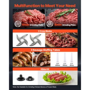 Commercial Meat Grinder, 9.2 Lbs Min Capacity, 12 Electric Meat Mincer With 2 Plates, 3 Sausage Stuffing Tubes & Kibbe Kit, 750W 1HP Sausage Maker For Home Kitchens & Restaurants, ETL Listed - Image 2