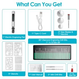 1Set Electric Engraving Pen With 33Pcs Burr Bits 5Pcs Stencils 3 Gears Speed Rechargeable Cordless Professional Engraver Etching Machine For Jewelry Glass Stone Metal Wood - Image 6