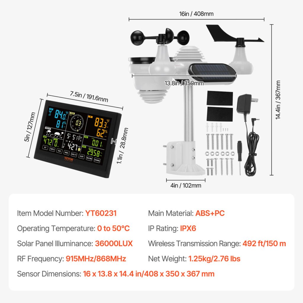 VEVOR 7-in-1 Wireless Weather Station, 7.5 In Large Color Display, Digital Home Weather Station Indoor Outdoor, For Temperature Humidity Wind Speed,Direction Rain UV, With Forecast Data, Alarm, Alerts
