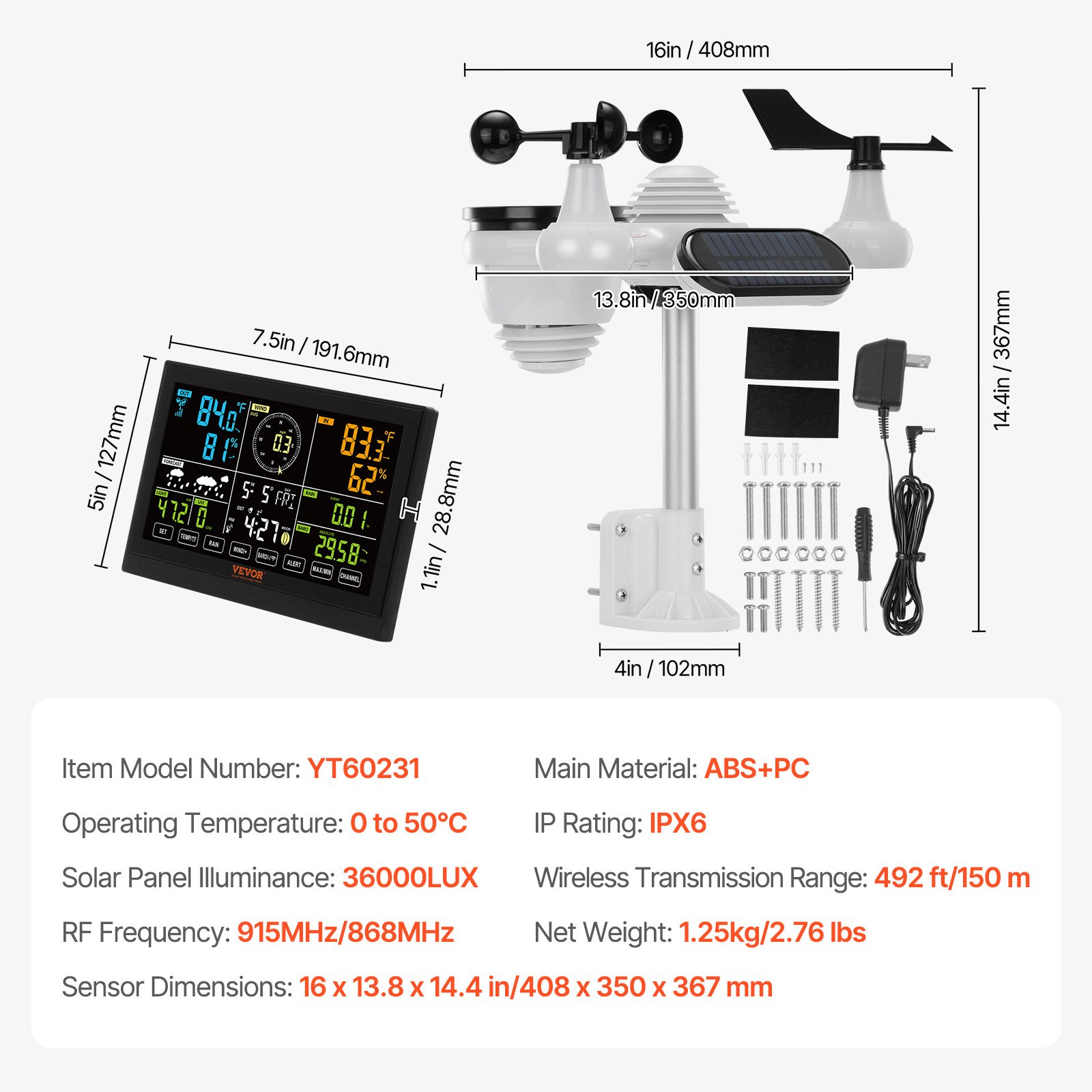 VEVOR 7-in-1 Wireless Weather Station, 7.5 In Large Color Display, Digital Home Weather Station Indoor Outdoor, For Temperature Humidity Wind Speed,Direction Rain UV, With Forecast Data, Alarm, Alerts - Image 6