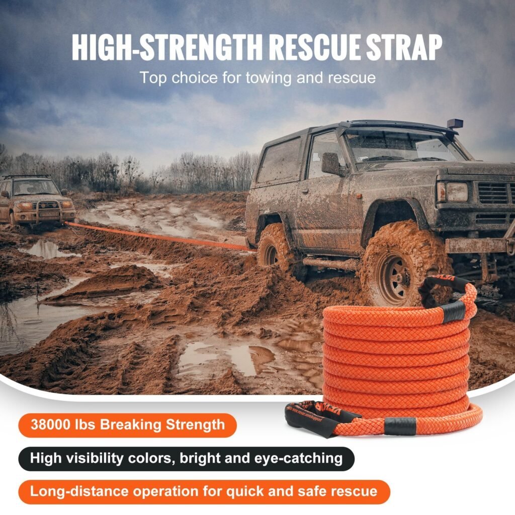 1" X 30' Kinetic Recovery Tow Rope 38,000 Lbs, Heavy-Duty Off Road Snatch Strap, Extreme Duty 30% Elasticity Energy Snatch Strap For Jeep Car Truck ATV UTV SUV Tractor