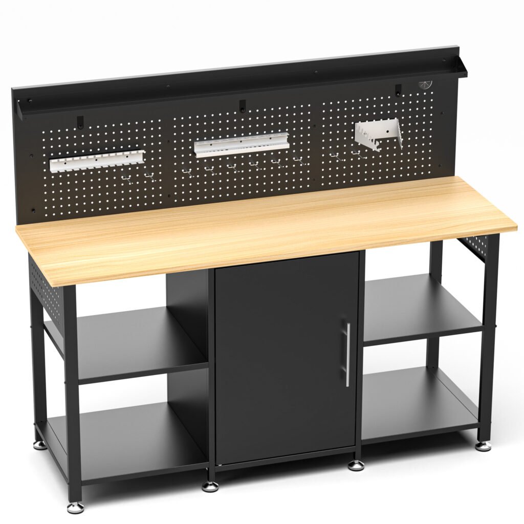 60 Inch Heavy Duty Workbench With Storage Cabinet, Wooden Top, 2000 Lbs Capacity, Large Garage Work Table With Pegboard, Power Outlet