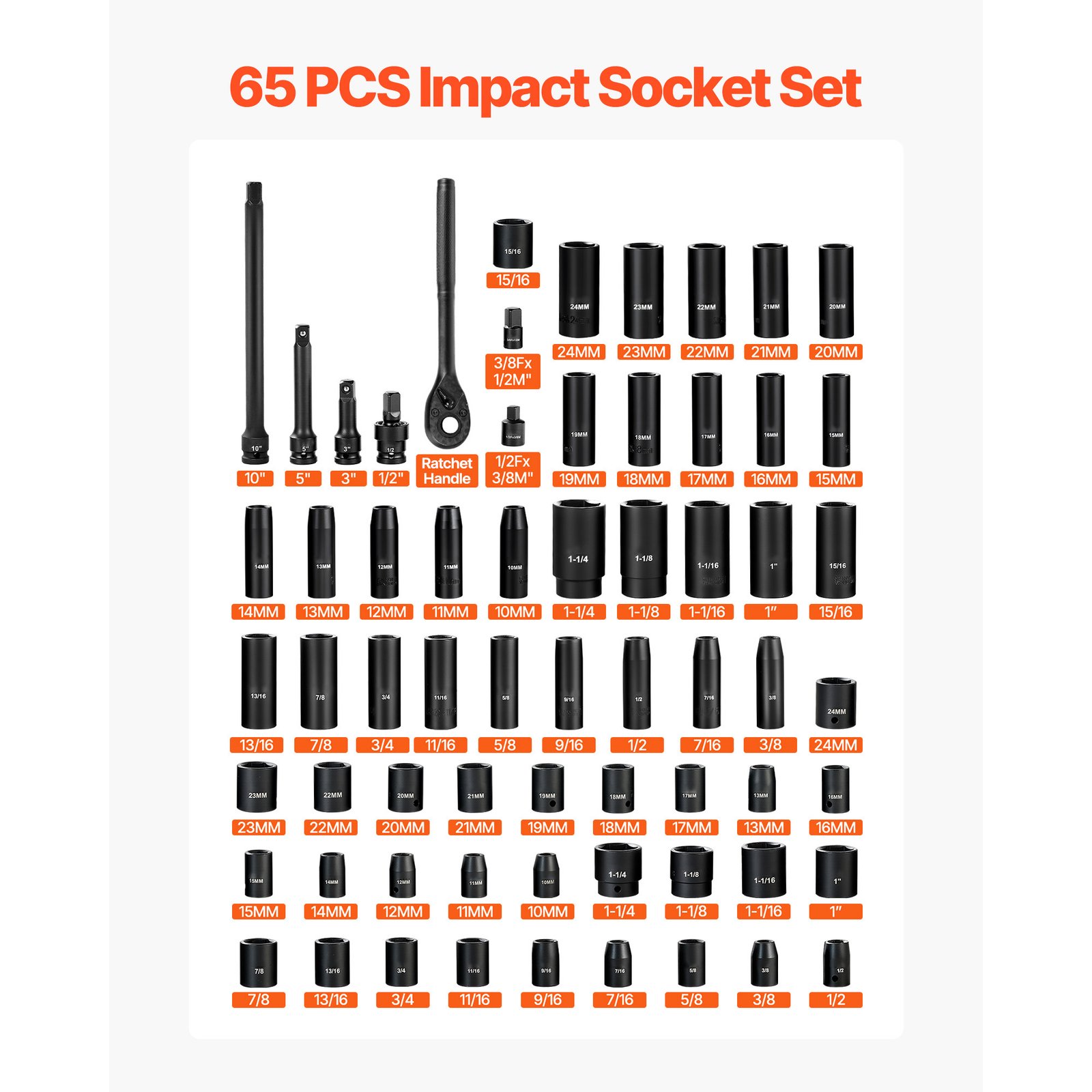 Impact Socket Set, 1/2" Drive, 65-Piece Socket Set, 6 Point Sockets, SAE 3/8" To 1-1/4" And Metric 10-24 Mm, Easy To Identify, With A Sturdy Storage Case, Cr-V Alloy Steel For Vehicles Repair - Image 2