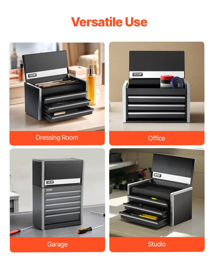 Tool Box 8.6-inch Portable Metal Tool Box With 3 Drawers Tool Organizer Black