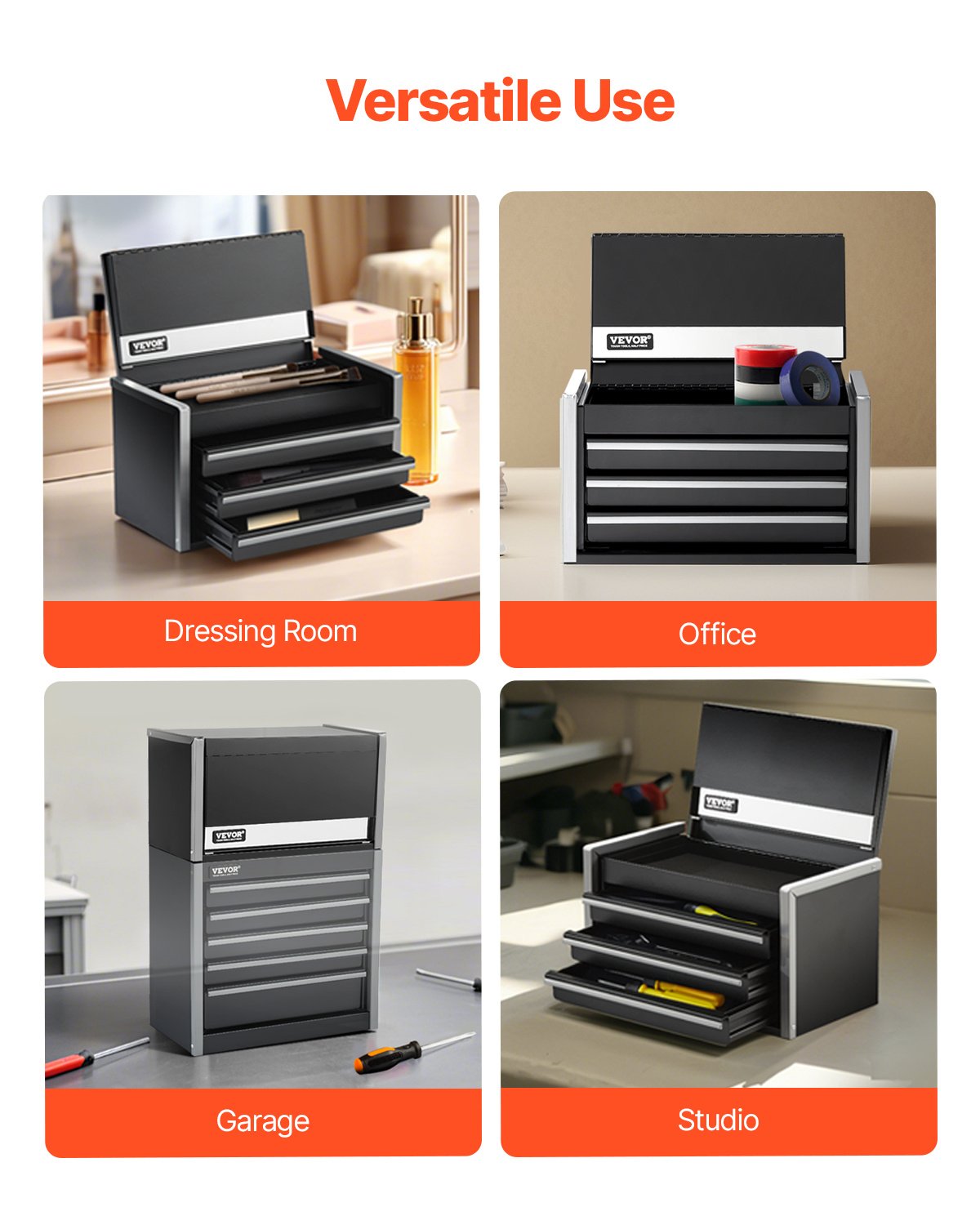 Tool Box 8.6-inch Portable Metal Tool Box With 3 Drawers Tool Organizer Black - Image 3