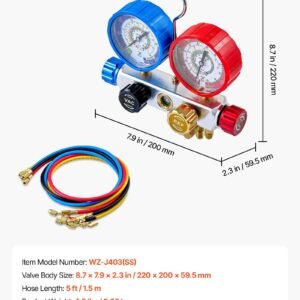AC Manifold Gauge Set For R22 R404A R410A R12 Refrigerants, 4 Way AC Gauges With 5 Ft Hoses For Automotive & Household Air Conditioning Maintenance, Evacuation Vacuuming Charging And Recovery - Image 1