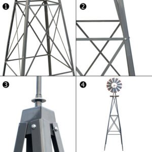 Grey And Red With Wind Vane, 4-pod Standing Windmill - Image 4