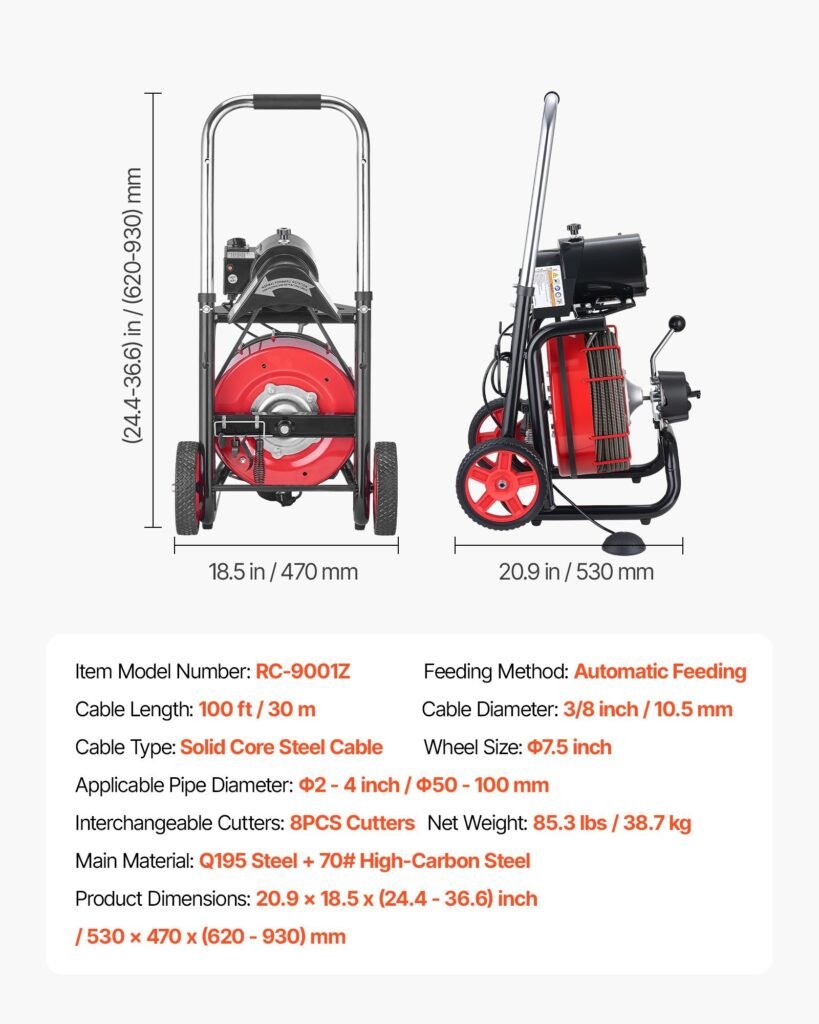 Drain Cleaner Machine 100 FT X 3/8 Inch, Auto Feed Sewer Snake Auger On Wheels - With 8 Cutters & Air-Activated Foot Switch For 2" To 4" Pipes
