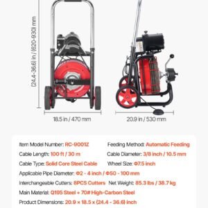 Drain Cleaner Machine 100 FT X 3/8 Inch, Auto Feed Sewer Snake Auger On Wheels - With 8 Cutters & Air-Activated Foot Switch For 2" To 4" Pipes - Image 1